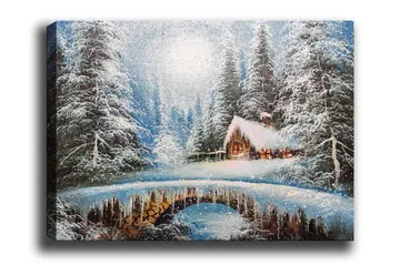 Canvastavla - Vinterlandskap med en stuga och snöklädda träd - Blå / Vit / Brun - Inredning - Tavlor & posters - Canvastavla