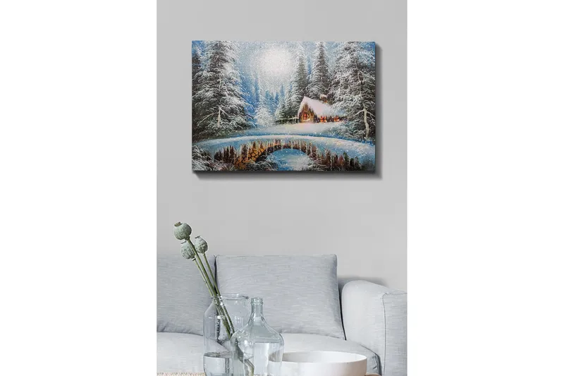 Canvastavla - Vinterlandskap med en stuga och snöklädda träd - Blå / Vit / Brun - Inredning - Tavlor & posters - Canvastavla