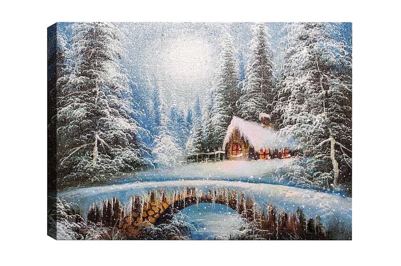 Canvastavla - Vinterlandskap med en stuga och snöklädda träd, Vit / Blå / Brun