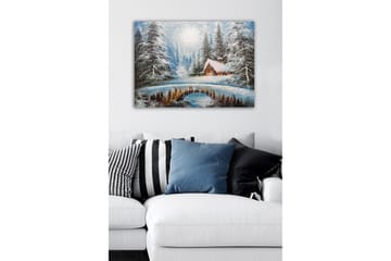 Canvastavla - Vinterlandskap med en stuga och snöklädda träd - Vit / Blå / Brun - Inredning - Tavlor & posters - Canvastavla