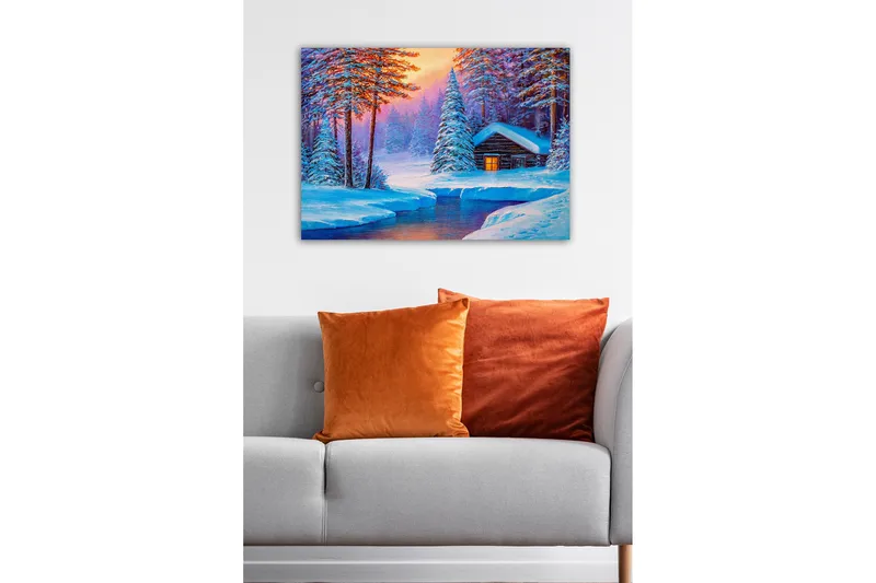 Canvastavla - Vinterlandskap med en stuga omgiven av snöklädda träd - Blå / Vit / Lila - Inredning - Tavlor & posters - Canvastavla