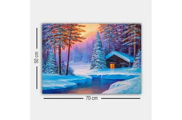 Canvastavla - Vinterlandskap med en stuga omgiven av snöklädda träd - Blå / Vit / Lila - Inredning - Tavlor & posters - Canvastavla