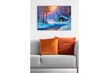 Canvastavla - Vinterlandskap med en stuga omgiven av snöklädda träd - Blå / Vit / Lila - Inredning - Tavlor & posters - Canvastavla