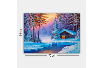 Canvastavla - Vinterlandskap med en stuga omgiven av snöklädda träd - Blå / Vit / Lila - Inredning - Tavlor & posters - Canvastavla