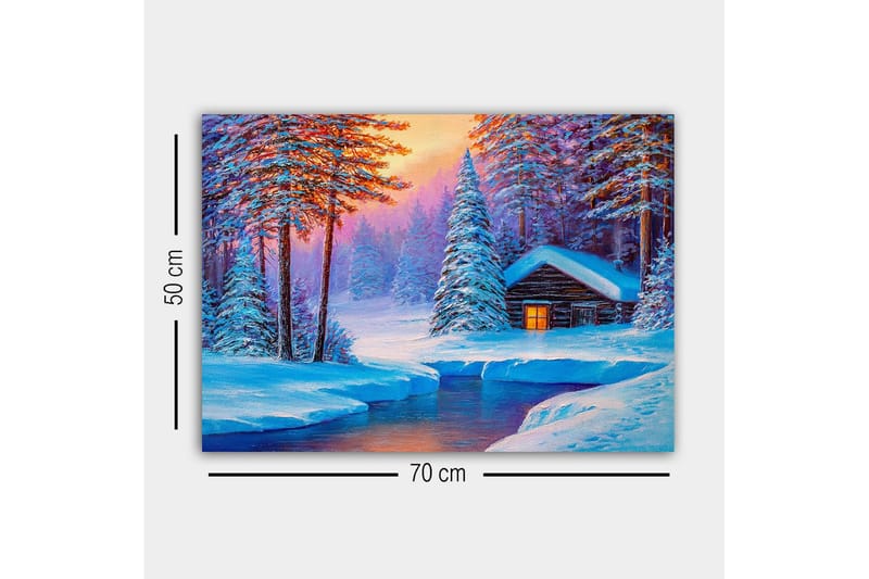 Canvastavla - Vinterlandskap med en stuga omgiven av snöklädda träd - Blå / Vit / Lila - Inredning - Tavlor & posters - Canvastavla