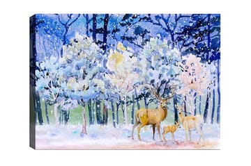 Canvastavla - Vinterlandskap med rådjur och snöklädda träd - Blå / Vit / Beige - Inredning - Tavlor & posters - Canvastavla