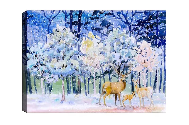 Canvastavla - Vinterlandskap med rådjur och snöklädda träd, Blå / Vit / Beige