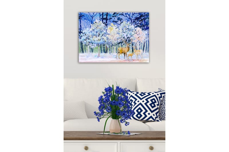 Canvastavla - Vinterlandskap med rådjur och snöklädda träd - Blå / Vit / Beige - Inredning - Tavlor & posters - Canvastavla