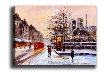 Canvastavla - Vinterlandskap med snöklädda byggnader och en röd buss - Röd / Grå / Vit - Inredning - Tavlor & posters - Canvastavla