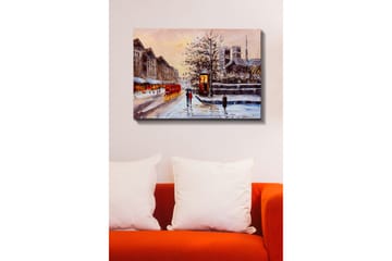 Canvastavla - Vinterlandskap med snöklädda byggnader och en röd buss - Röd / Grå / Vit - Inredning - Tavlor & posters - Canvastavla