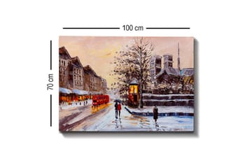 Canvastavla - Vinterlandskap med snöklädda byggnader och en röd buss - Röd / Grå / Vit - Inredning - Tavlor & posters - Canvastavla