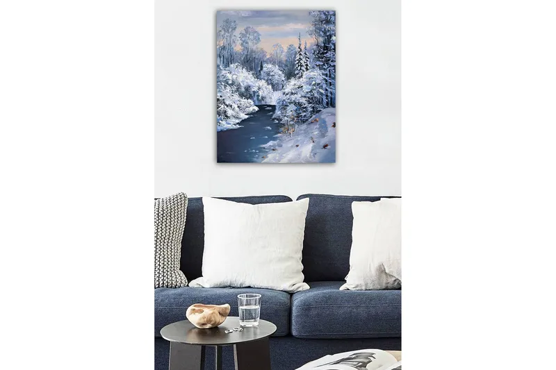 Canvastavla - Vinterlandskap med snöklädda träd och en frusen flod - Vit / Blå / Grå - Inredning - Tavlor & posters - Canvastavla