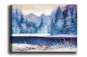 Canvastavla - Vinterlandskap med snöklädda träd och en frusen sjö - Blå / Vit / Lila - Inredning - Tavlor & posters - Canvastavla