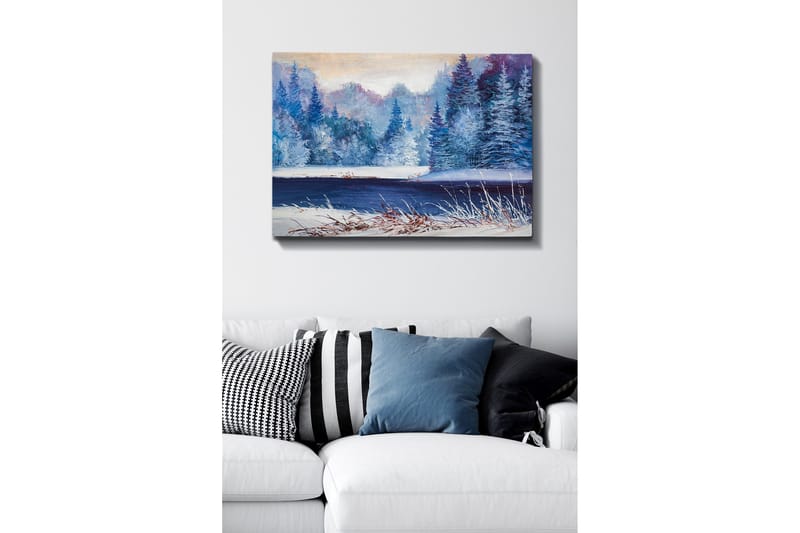 Canvastavla - Vinterlandskap med snöklädda träd och en frusen sjö - Blå / Vit / Lila - Inredning - Tavlor & posters - Canvastavla