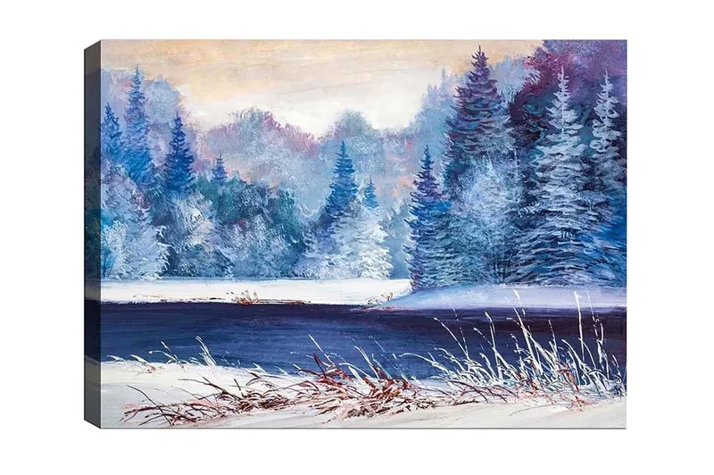 Canvastavla - Vinterlandskap med snöklädda träd och en spegelblanka sjö - Blå / Vit / Mörkgrön - Inredning - Tavlor & posters - Canvastavla