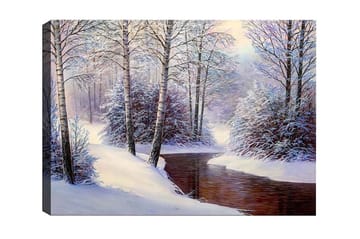 Canvastavla - Vinterlandskap med snötäckta träd och en stilla bäck - Vit / Blå / Brun - Inredning - Tavlor & posters - Canvastavla