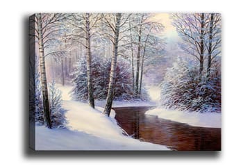 Canvastavla - Vinterlandskap med snötäckta träd och en stilla bäck - Vit / Blå / Brun - Inredning - Tavlor & posters - Canvastavla
