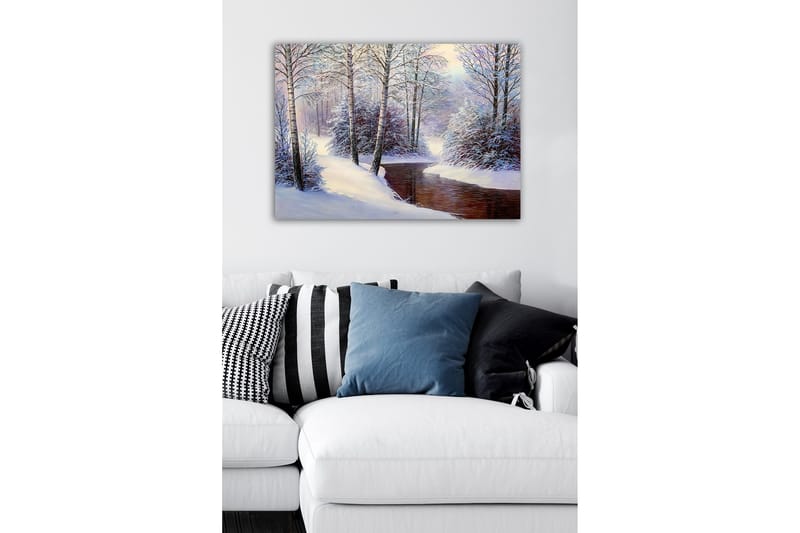Canvastavla - Vinterlandskap med snötäckta träd och en stilla bäck - Vit / Blå / Brun - Inredning - Tavlor & posters - Canvastavla