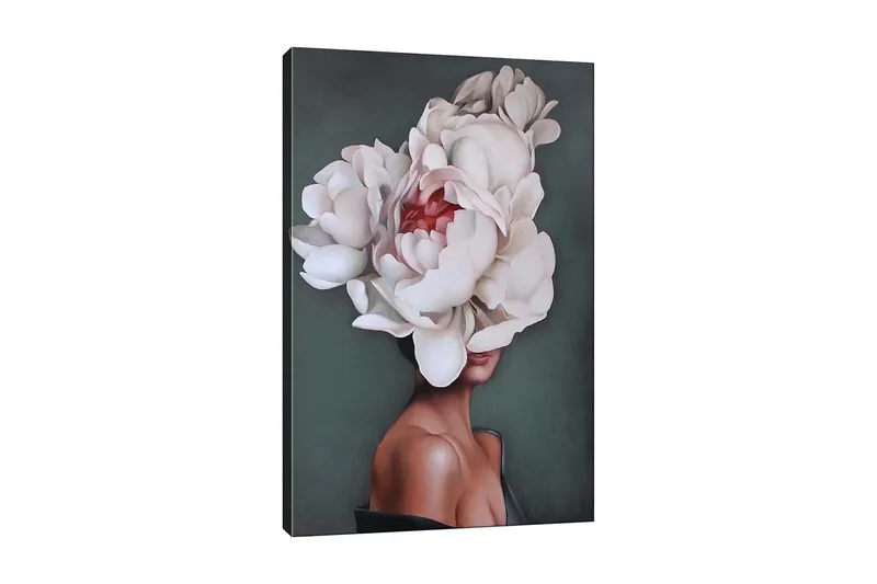 Canvastavla - Porträtt av en kvinna med en stor blomsterkrans av vita pioner som täcker hennes huvud, Vit / Mörkgrön / Rosa