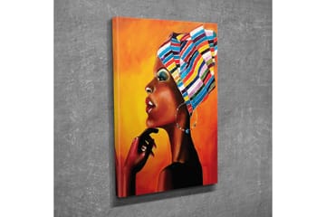 Canvastavla - Porträtt av en kvinna med färgglad huvudduk och starka uttryck - Orange / Svart / Blå - Inredning - Tavlor & posters - Canvastavla