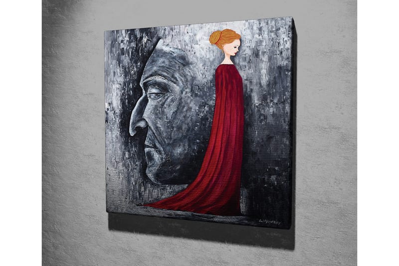 Canvastavla - Porträtt av en kvinna i röd klänning med en stor ansiktsprofil i grått i bakgrunden - Röd / Grå / Svart - Inredning - Tavlor & posters - Canvastavla
