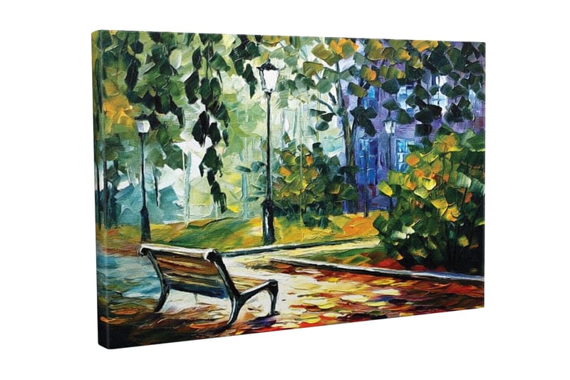 Canvastavla - Parkbänk omgiven av grönskande träd och lampor i en färgglad miljö - Grön / Gul / Blå - Inredning - Tavlor & posters - Canvastavla