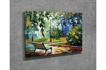 Canvastavla - Parkbänk omgiven av grönskande träd och lampor i en färgglad miljö - Grön / Gul / Blå - Inredning - Tavlor & posters - Canvastavla