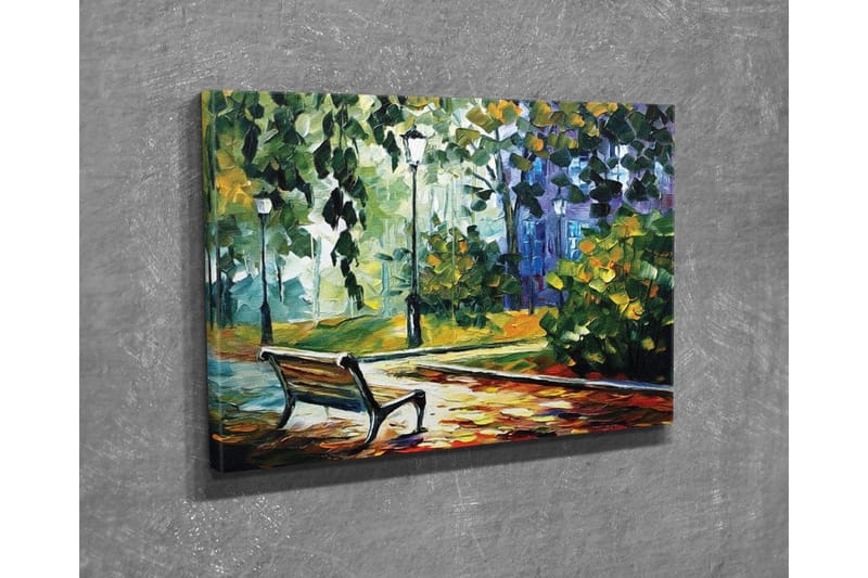 Canvastavla - Parkbänk omgiven av grönskande träd och lampor i en färgglad miljö - Grön / Gul / Blå - Inredning - Tavlor & posters - Canvastavla