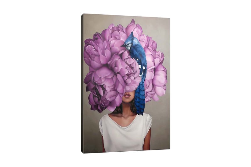 Canvastavla - Porträtt av en kvinna med en stor bukett av rosa blommor som huvudmotiv - Rosa / Blå / Beige - Inredning - Tavlor & posters - Canvastavla