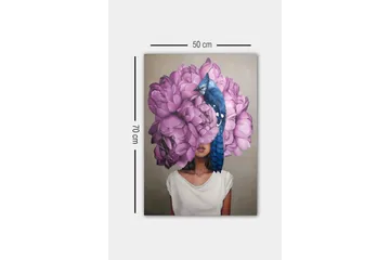 Canvastavla - Porträtt av en kvinna med en stor bukett av rosa blommor som huvudmotiv - Rosa / Blå / Beige - Inredning - Tavlor & posters - Canvastavla