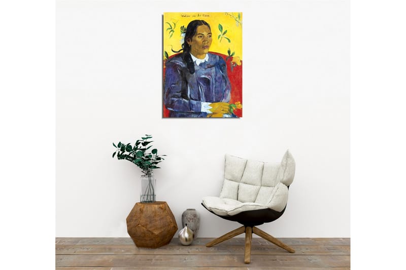 Canvastavla - Porträtt av en kvinna med blommor i handen - Mörkblå / Gul / Röd - Inredning - Tavlor & posters - Canvastavla