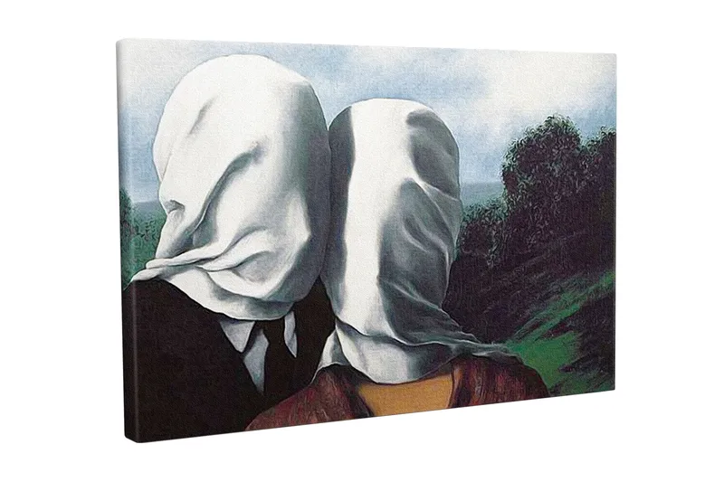 Canvastavla - Par med vita dukar som täcker ansiktena, stående i en grönskande landskap, Vit / Svart / Grön