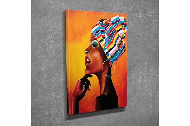 Canvastavla - Porträtt av en kvinna med färgglad huvudduk och starka uttryck - Orange / Svart / Blå - Inredning - Tavlor & posters - Canvastavla