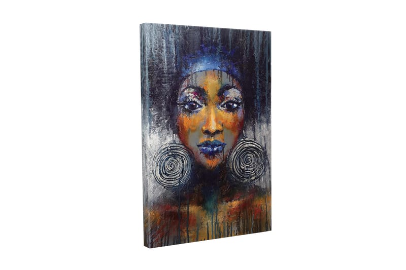 Canvastavla - Porträtt av en kvinna med stora örhängen och starka färger - Mörkblå / Orange / Svart - Inredning - Tavlor & posters - Canvastavla