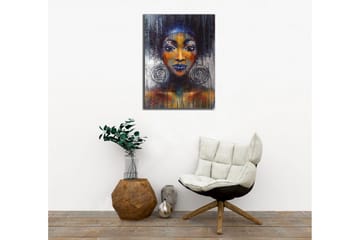 Canvastavla - Porträtt av en kvinna med stora örhängen och starka färger - Mörkblå / Orange / Svart - Inredning - Tavlor & posters - Canvastavla