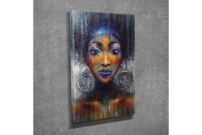 Canvastavla - Porträtt av en kvinna med stora örhängen och starka färger - Mörkblå / Orange / Svart - Inredning - Tavlor & posters - Canvastavla