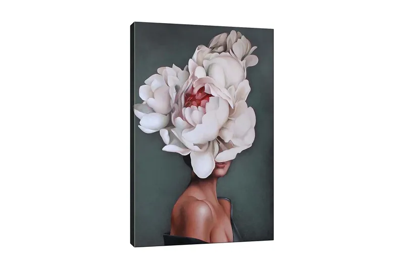 Canvastavla - Porträtt av en kvinna med en stor blomsterkrans av vita pioner som täcker hennes huvud, Vit / Mörkgrön / Rosa