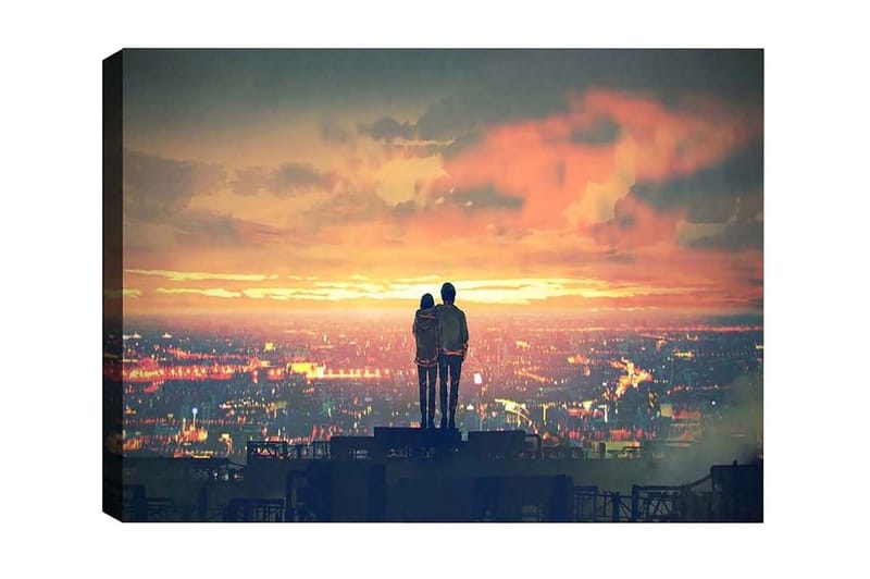 Canvastavla - Par som står tillsammans och betraktar en solnedgång över en stad, Orange / Blå / Grå