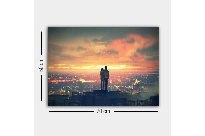 Canvastavla - Par som står tillsammans och betraktar en solnedgång över en stad - Orange / Blå / Grå - Inredning - Tavlor & posters - Canvastavla