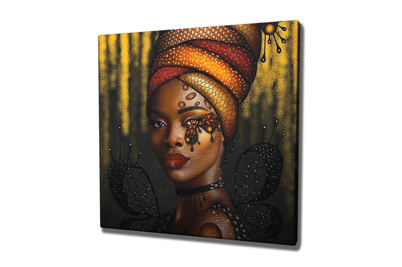 Canvastavla - Porträtt av en kvinna med en färgglad huvudbonad och fjärilar, Guld / Svart / Röd