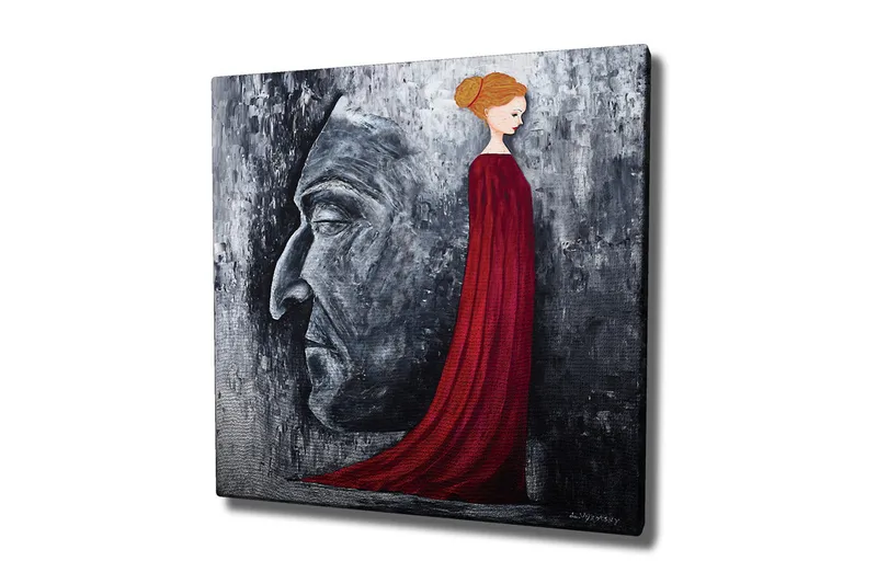 Canvastavla - Porträtt av en kvinna i röd klänning med en stor ansiktsprofil i grått i bakgrunden - Röd / Grå / Svart - Inredning - Tavlor & posters - Canvastavla