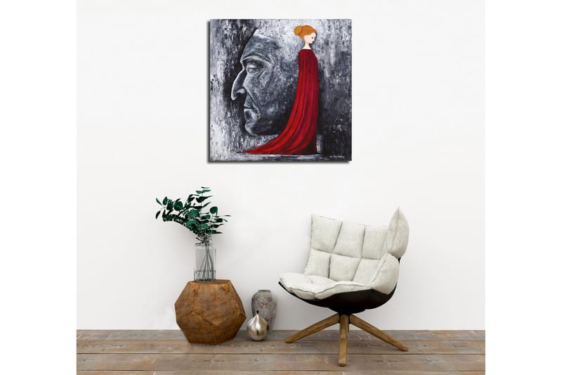 Canvastavla - Porträtt av en kvinna i röd klänning med en stor ansiktsprofil i grått i bakgrunden - Röd / Grå / Svart - Inredning - Tavlor & posters - Canvastavla