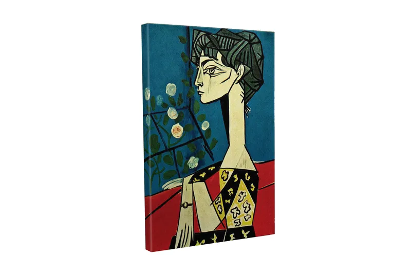 Canvastavla - Porträtt av en kvinna med stiliserade drag och blommor i bakgrunden - Blå / Röd / Svart - Inredning - Tavlor & posters - Canvastavla