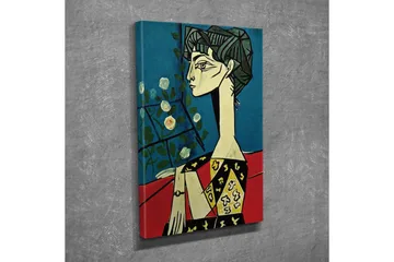 Canvastavla - Porträtt av en kvinna med stiliserade drag och blommor i bakgrunden - Blå / Röd / Svart - Inredning - Tavlor & posters - Canvastavla