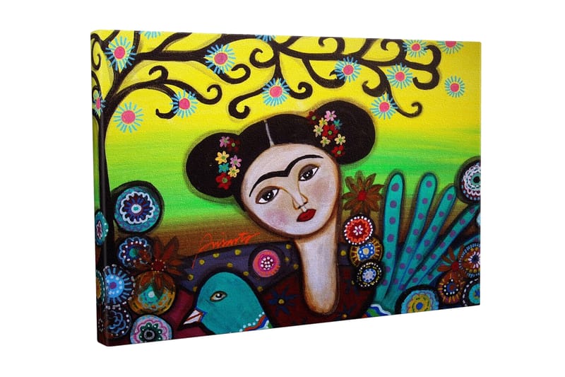 Canvastavla - Porträtt av en kvinna med blommor i håret och en grön fågel vid sidan om, Grön / Röd / Svart