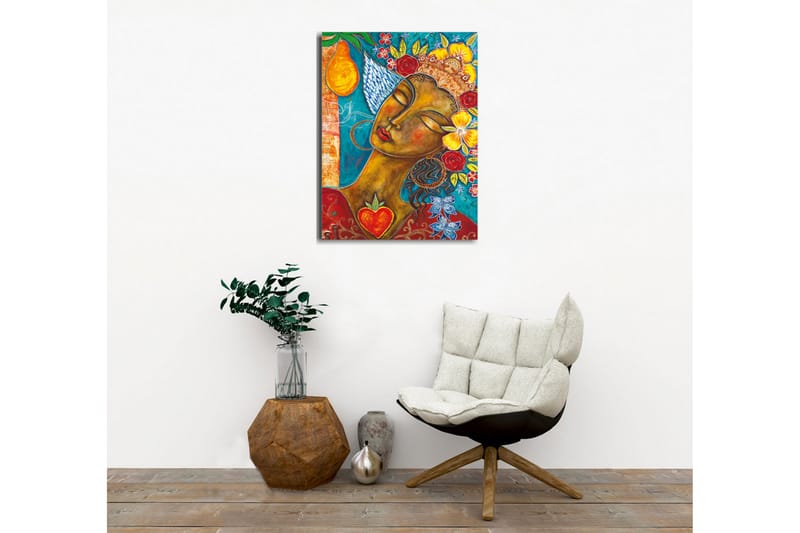 Canvastavla - Porträtt av en kvinna med blommor och frukter i håret - Turkos / Brun / Röd - Inredning - Tavlor & posters - Canvastavla