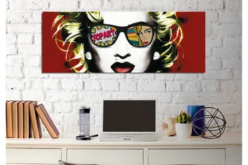 Canvastavla - Porträtt av en kvinna med solglasögon och popkonstmotiv i reflektionerna - Röd / Svart / Gul - Inredning - Tavlor & posters - Canvastavla