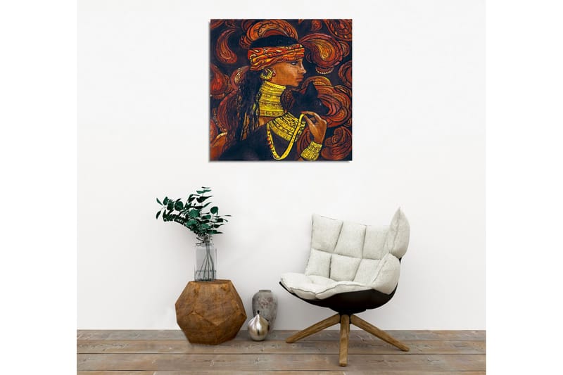 Canvastavla - Porträtt av en kvinna med smycken och en svart katt - Mörkbrun / Orange / Gul - Inredning - Tavlor & posters - Canvastavla
