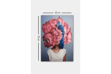 Canvastavla - Porträtt av en kvinna med en stor bukett av rosa blommor som huvud och en blå fågel sittande på blommorna - Rosa / Blå / Beige - Inredning - Tavlor & posters - Canvastavla