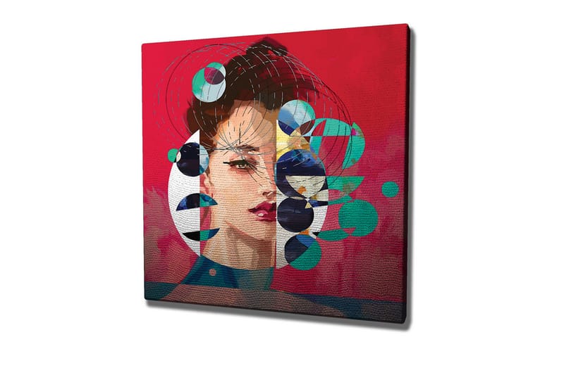 Canvastavla - Porträtt av en kvinna med abstrakta geometriska former och färgglada cirklar - Röd / Grön / Svart - Inredning - Tavlor & posters - Canvastavla
